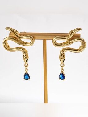 Gold Serpent Drop Earrings with Blue Crystal Teardrops